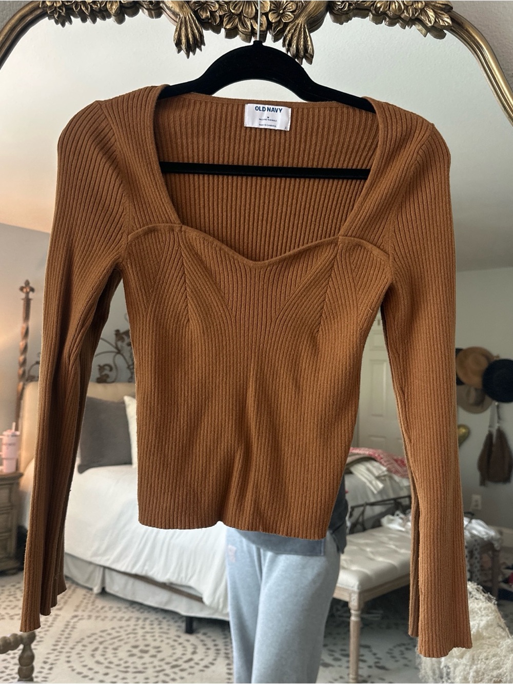Old Navy Brown Ribbed Sweetheart Long-Sleeve Top